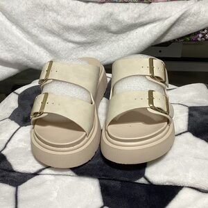 Cream Double Strap Sandals with Gold Buckles